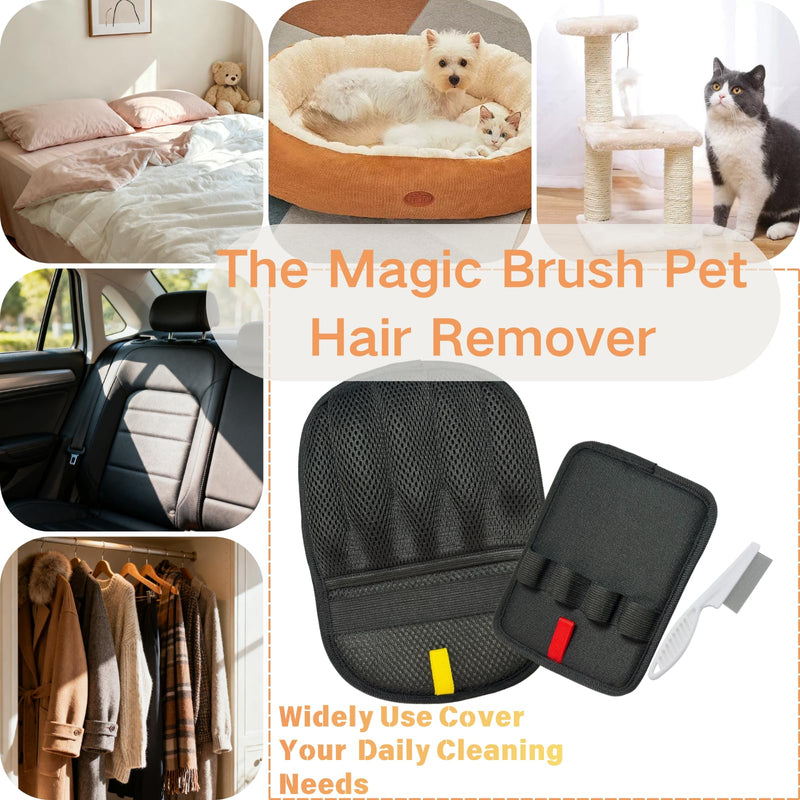 3PCS Pet Hair Removal Gloves for Dogs & Cats, Five-Finger Reusable Electrostatic Magic Brush Clean Pet Hair 2 Pcs Gloves & 1 Comb, Pet Hair Remover Tool for Clothing, Couch, Carpet, Car Seat, Black