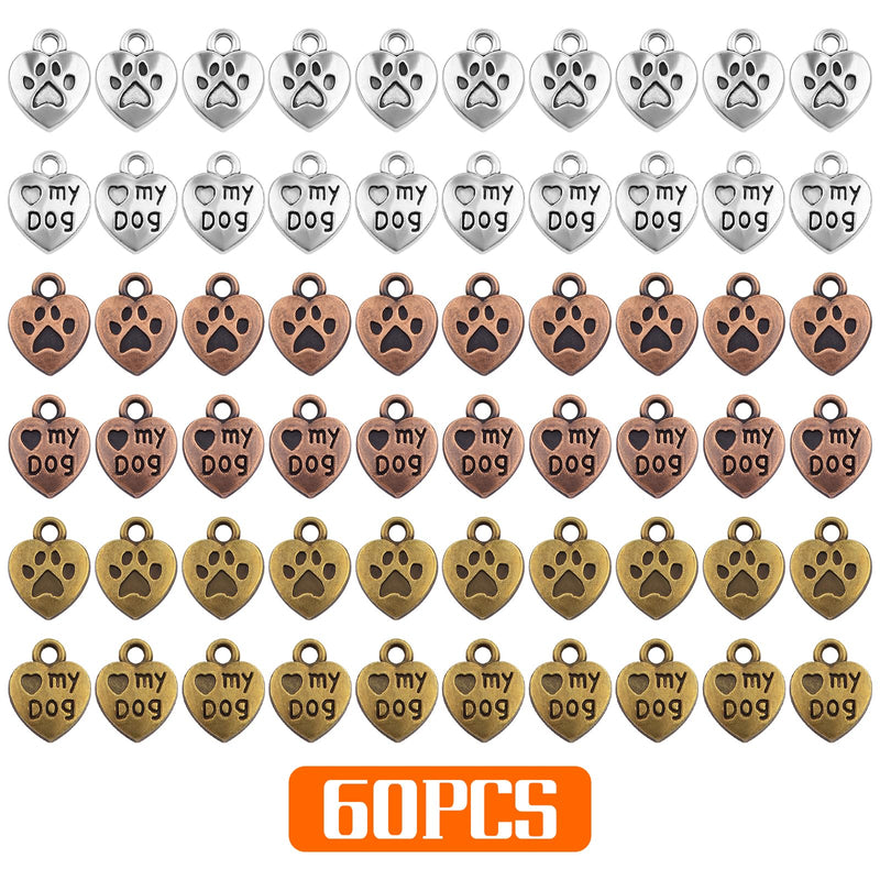 60pcs Love My Dog Lettering Word Charms Tibetan Alloy Heart Dog Paw Print Pendants Double-Sided Animal Pet Puppy Footprint Charms for DIY Necklace Bracelet Jewelry Making, 3 Colors - PawsPlanet Australia