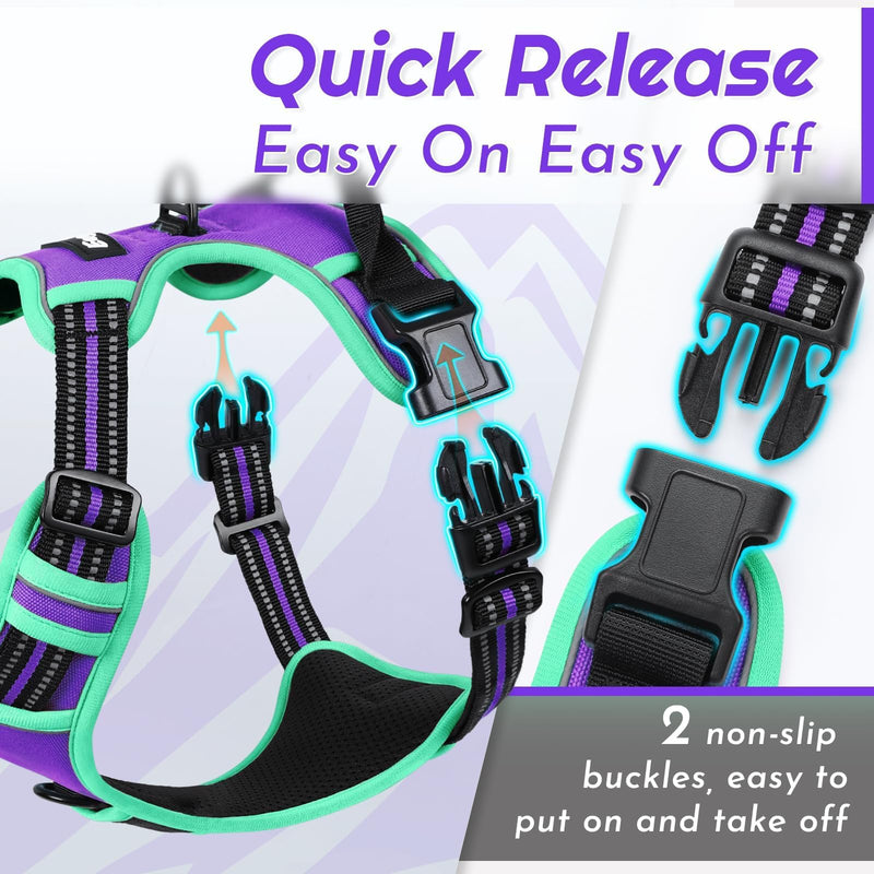 Eagloo Dog Harness Medium, No Pull Harness with Front Back Clips, Adjustable Dog Walking Vest, Soft Padded Pet Vest, Reflective No-Choke Breathable with Easy Control Handle, Purple & Green, M M (Pack of 1) - PawsPlanet Australia