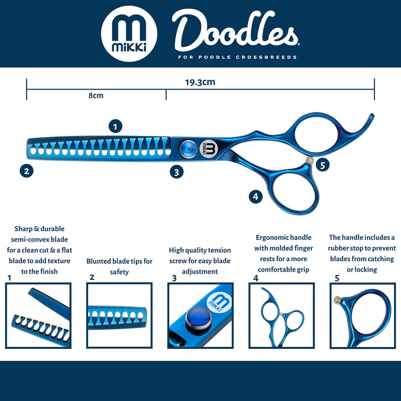 Mikki Doodle, Dog, Puppy Chunker Finishing Scissors Shears, Sharp & Durable Semi-Convex Blade, Blunted Safety Tips, Adjustable Tension Screw for Control and Precision, 17.8cm (7”) - PawsPlanet Australia
