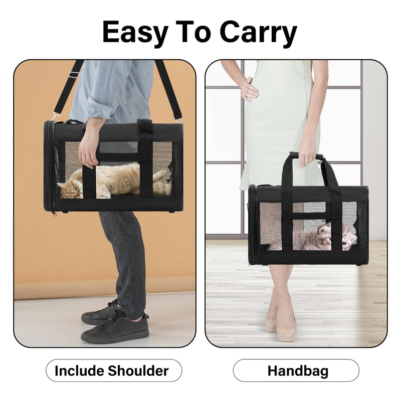 Pet Travel Carrier Soft Sided Portable Bag for Cats, Small Dogs, Kittens or Puppies, Collapsible, Durable, Airline Approved, Travel Friendly (Black Regular) - PawsPlanet Australia
