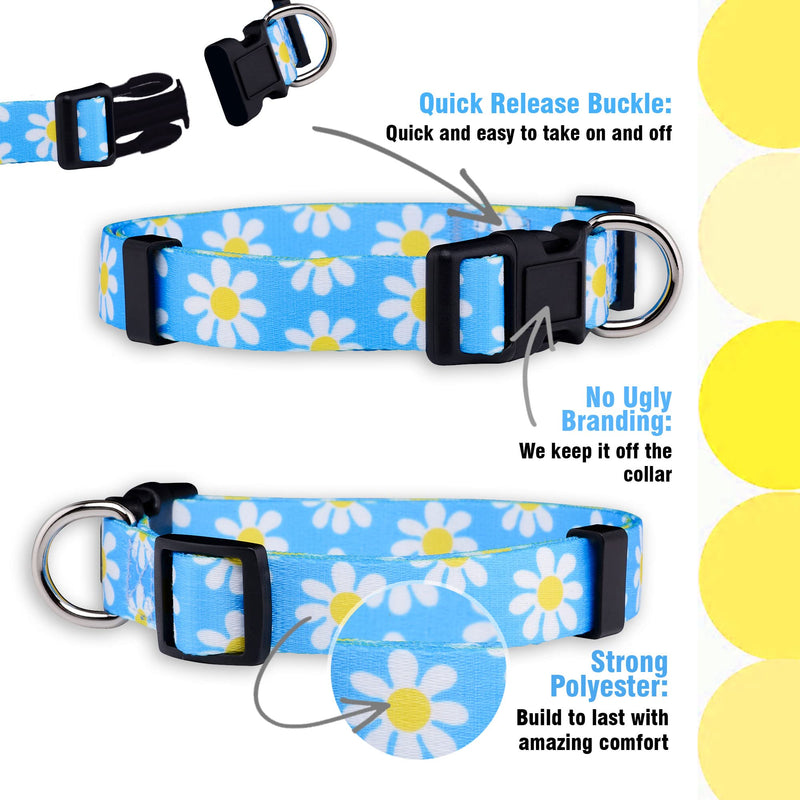 Native Pup Flower Dog Collar, Adjustable Small Medium Large, Cute Girl Female Summer Spring Pretty Designer Puppy Essentials Accessories, Pink Floral Blue Daisy Rose (Medium, Blue Daisy) - PawsPlanet Australia