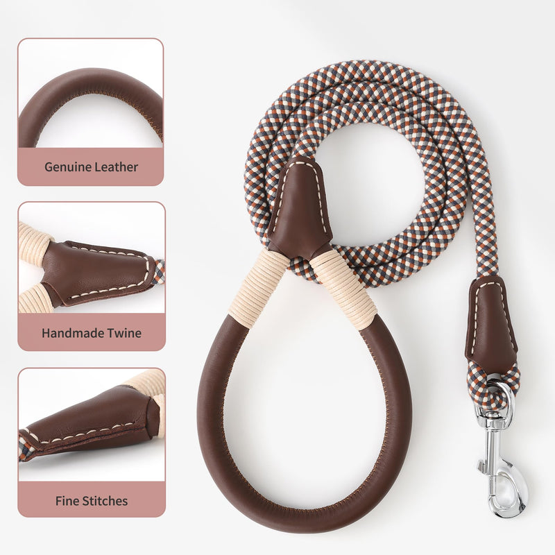 Mile High Life Genuine Leather Wrapped Handle Dog Leash, w Heavy Duty Clasp Rope Leash for Small Medium Large Dogs (Brown, 4FT) 48 Inch-1/2" Leather Handle-Brown - PawsPlanet Australia