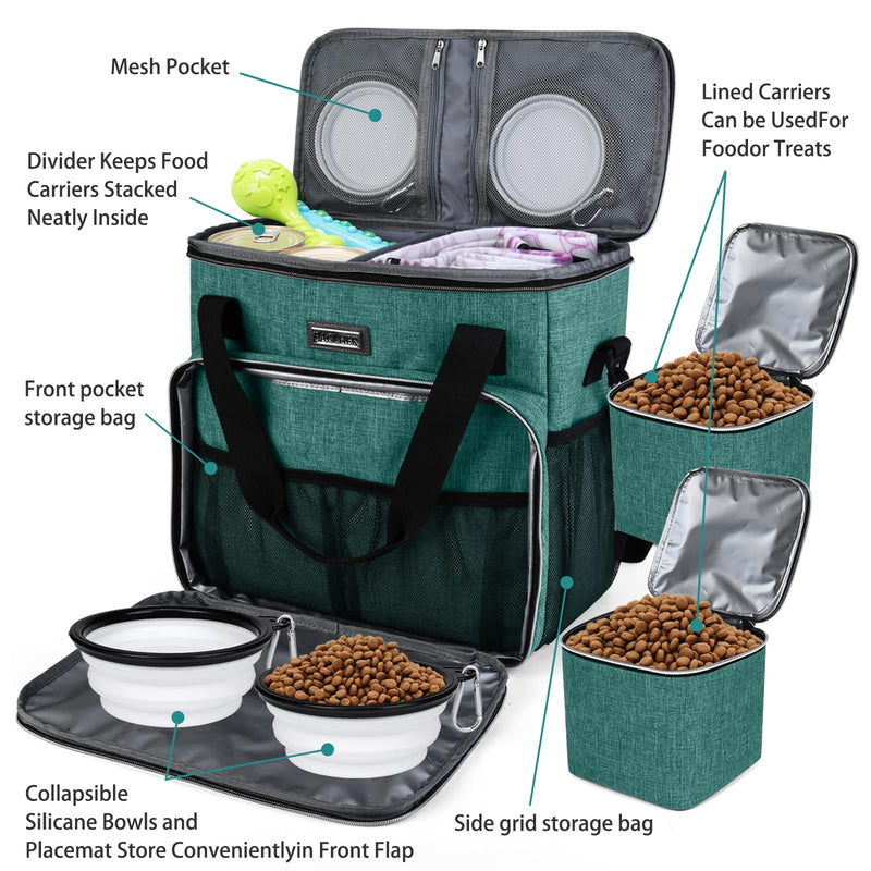BAGLHER Pet Travel Set Airline-Approved Carrier for Small/Medium Cats & Dogs + Travel Bag with Food Containers & Silicone Bowls, Grey & Green Medium - PawsPlanet Australia