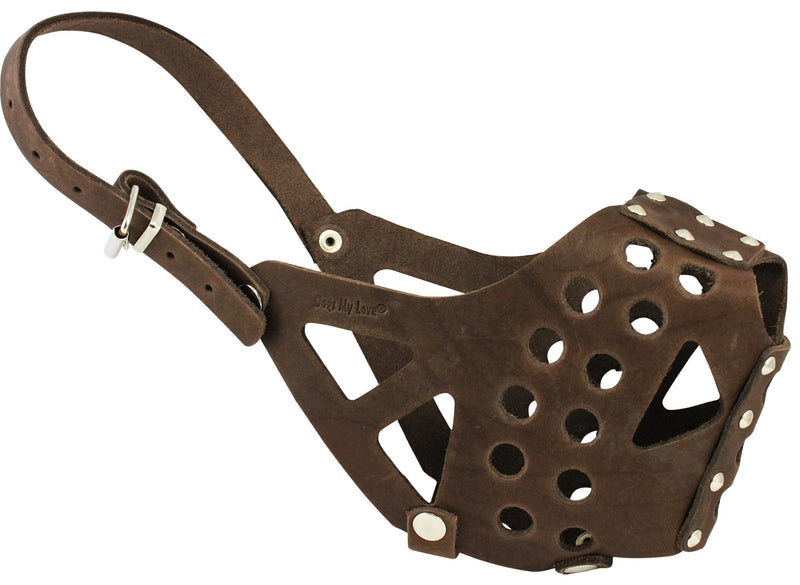 Dogs My Love Real Leather Cage Basket Dog Muzzle - Pit Bull Brown (Circumference 13", Snout Length 3.5") - PawsPlanet Australia