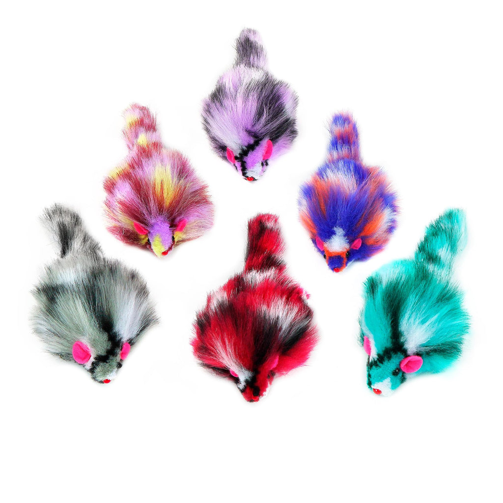 CHIWAVA 6PCS 3.1" Long Haired Furry Mice with Rattle Gradient Color Small Cat Toy Mouse Kitten Interactive Toy