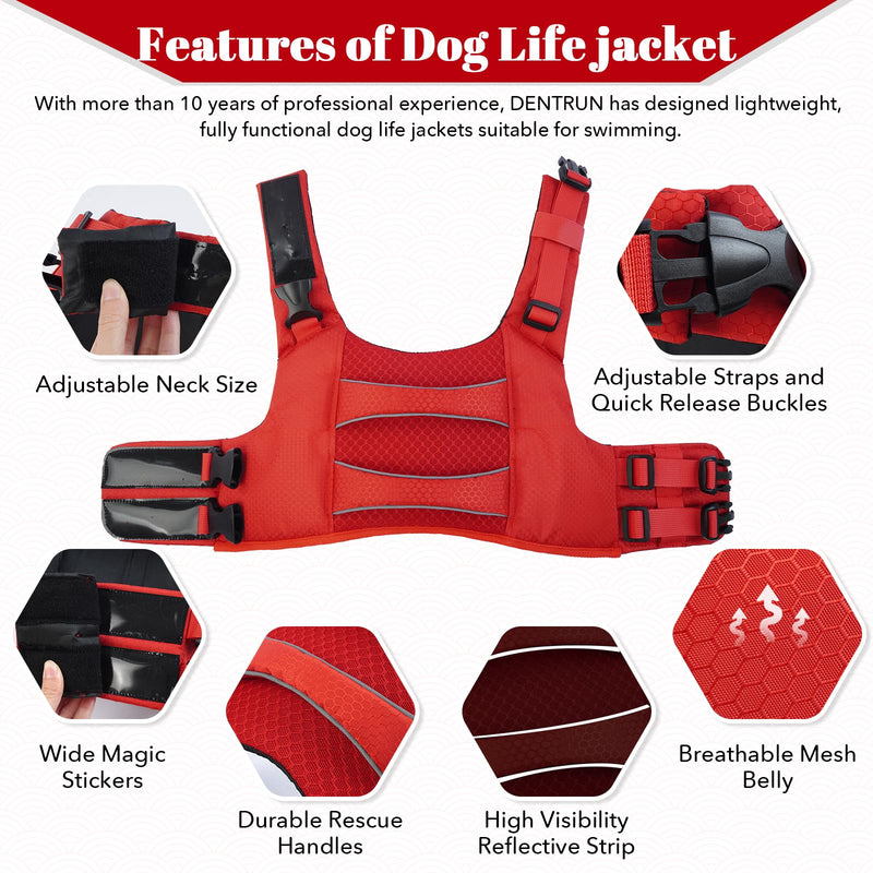 DENTRUN High Visibility Dog Life Jacket, Dog Life Vest for Swimming Boating Puppy Life Preserver Floatation Safety Pool Lake Reflective Float Coat Wetsuit & Rescue Handle for Medium Dog, Red