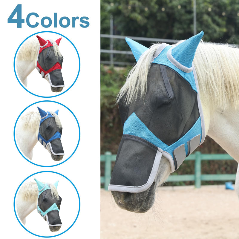 Horse Fly Mask with Ears & Long Nose Cover | Forelock Opening for Tangle-Free Mane Care | UV Protection & Breathable Mesh | No Rub Fit and Enhanced Visbility for Trail Riding Paleblue Cob Pale Blue