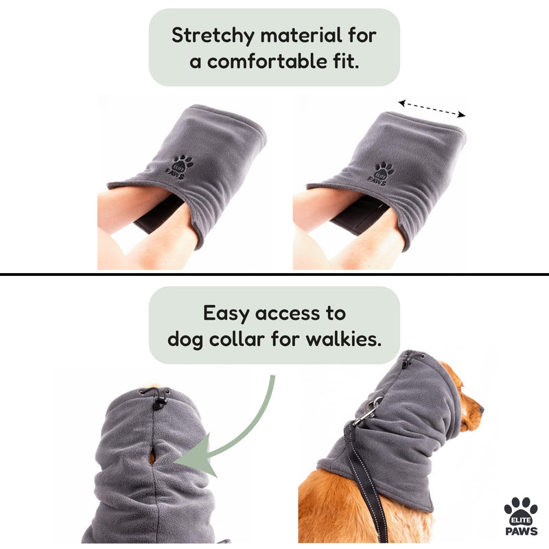 Elite Paws® UK: Luxury Dog Snood Ear Protector - Sumptuously Soft, Thick & Stretchy Fleece, with a Gentle, Warm Swaddling Effect, Ideal for Fireworks, Grooming, Travel & Everyday Comfort (Grey, XS) XS (Tiny breeds)