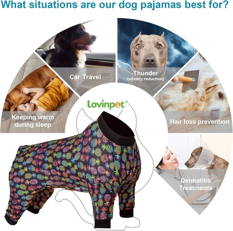LovinPet Large Dog Clothes for Pitbulls Male, Dog Onesie with Uv Protection,Anxiety Calming Dog Shirt,Lightweight Fabric,Pinapple Paradise Black Print, Onesies for Dogs, Pajamas for Pitbulls, 2XL
