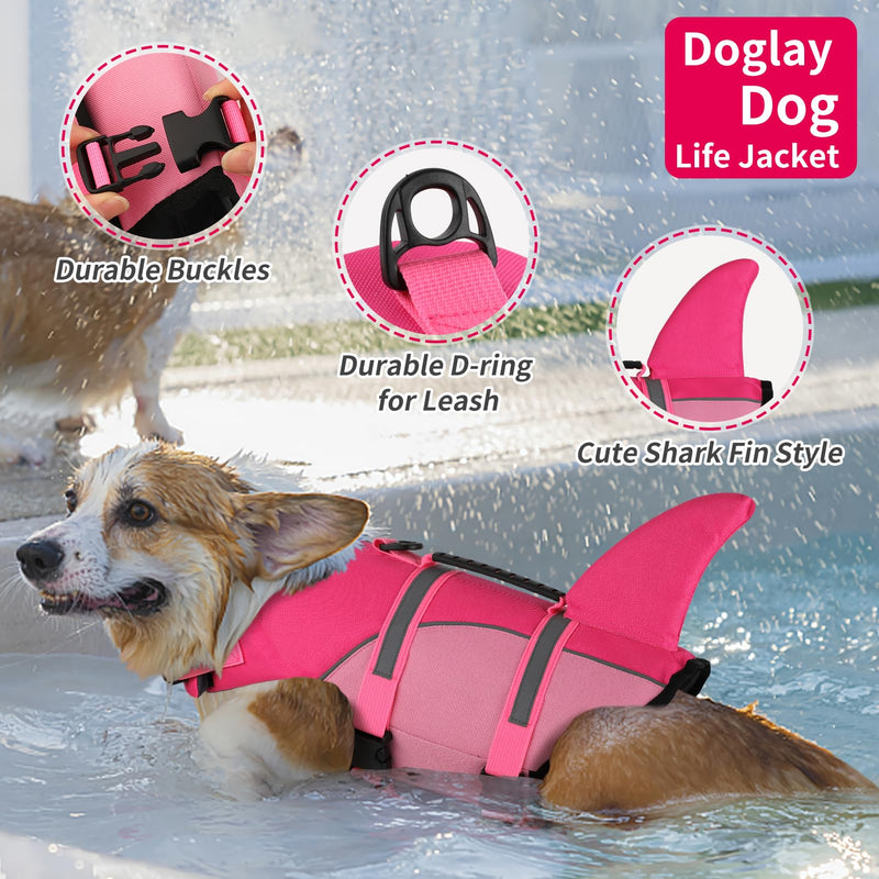 Doglay Dog Life Vest, Ripstop Cute Shark Dog Life Jacket with Superior Buoyancy and Rescue Handle, Adjustable Dog Life Vests for Boating Swimming, Pet Flotation Vest for Small Medium Large Dogs. Pink & Light Pink