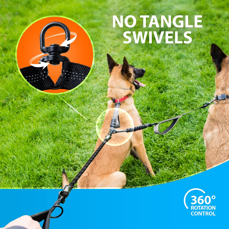 SparklyPets Double Dog Leash for 2 Dogs – Rope Bungee Dual Leash for Medium and Large Breeds with Padded Handles & Tangle Free (Black, Medium/Large) Black