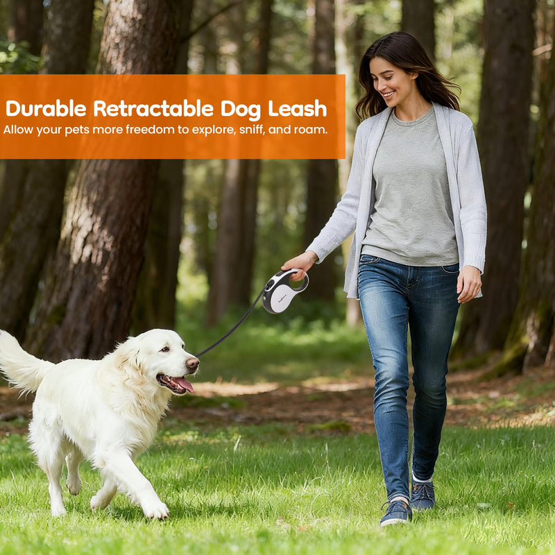 Retractable Dog Leash for Large Dogs with LED Light, 16.4ft Long Pet Leash up to 110lb Pull, 360° Tangle-Free One-Button Control for Small & Large Dogs & Cats, with Charging Cable, White - PawsPlanet Australia