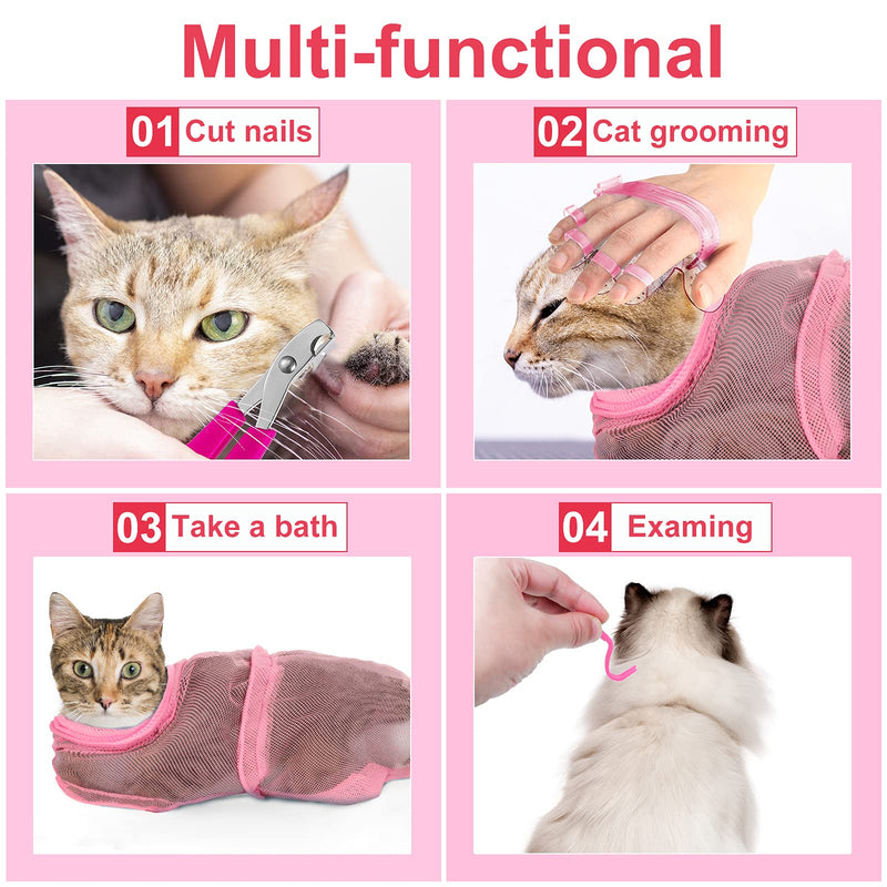 Patelai 5 Pcs Cat Bathing Bag Set Cat Grooming Bag Adjustable Pet Shower Net Muzzles Nail Clipper Tick Remover Tool Massage Brush(Pink) Pink - PawsPlanet Australia