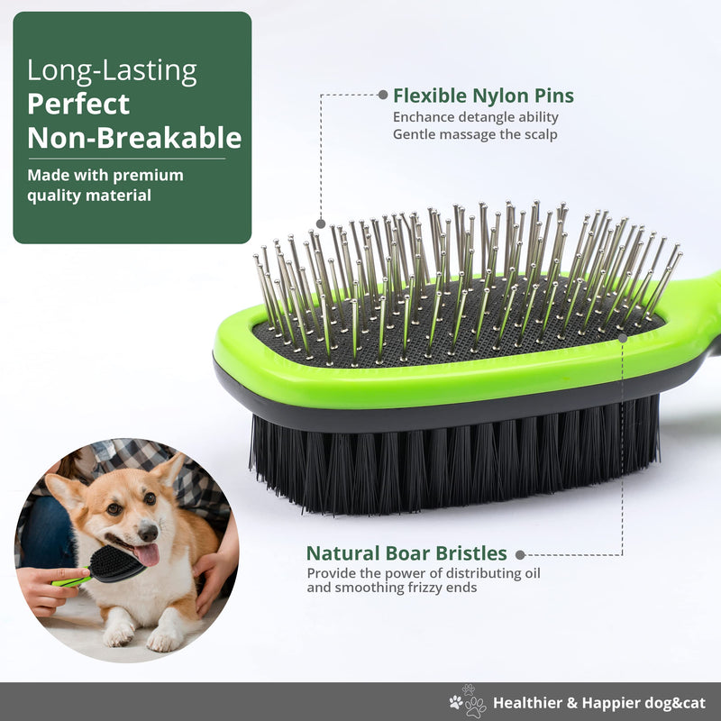 Double Sided Dog Brush, Grooming Brush with Rounded Pins & Bristles, Dog Brushes for Grooming with Anti Slip Handle & Free Cleaning Tool.
