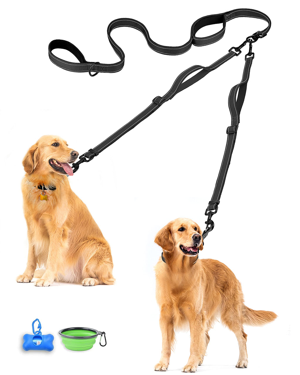 PetBonus Double Dog Leash, No Tangle Dual Dog Leash, Reflective Walking Training Leash, 4 Comfortable Padded Handles for 2 Dogs with Collapsible Bowl and Waste Bags (Black, Large) Black