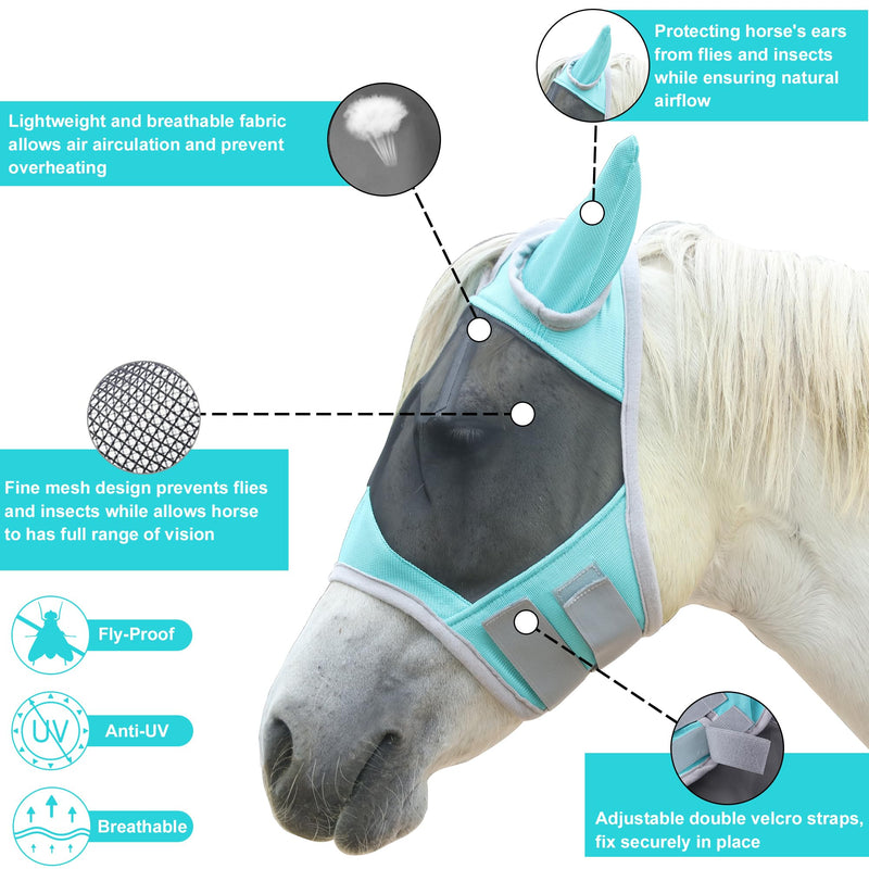 Horse Fly Mask with Ears, Equine Mesh Mask with UV Protection Face Cover, Turquoise, Full Full (Large)