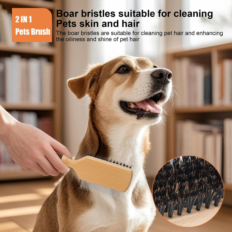 2 IN 1 Pin And Boar Bristle Brush for Dogs & Cats, Shedding Grooming Dog Brush for Short Haired Dogs, Cats, Pets with Beech Wood Rubber Handle - PawsPlanet Australia