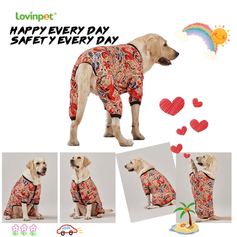 LovinPet Large Breed Dog Pajamas, Lightweight Pullover Full Coverage Dog Pjs, Pitbull Onesie, Happy Horse Coral Print, Pitbull Shirt, Pet Pajamas for Dogs, Pet PJ's, M Medium Black collar/Red update - PawsPlanet Australia