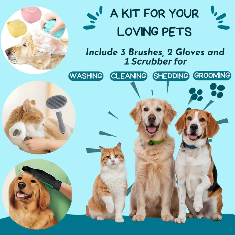 6 in 1 Dog Washing Kit for Loving Dogs & Cats - Dog Bath Brush, Dog Shampoo Brush, Dog Scrubber for Bath, Dog Washing Gloves and Mittens for Short & Long Haired Dog/Cat - Pets Love It! - PawsPlanet Australia