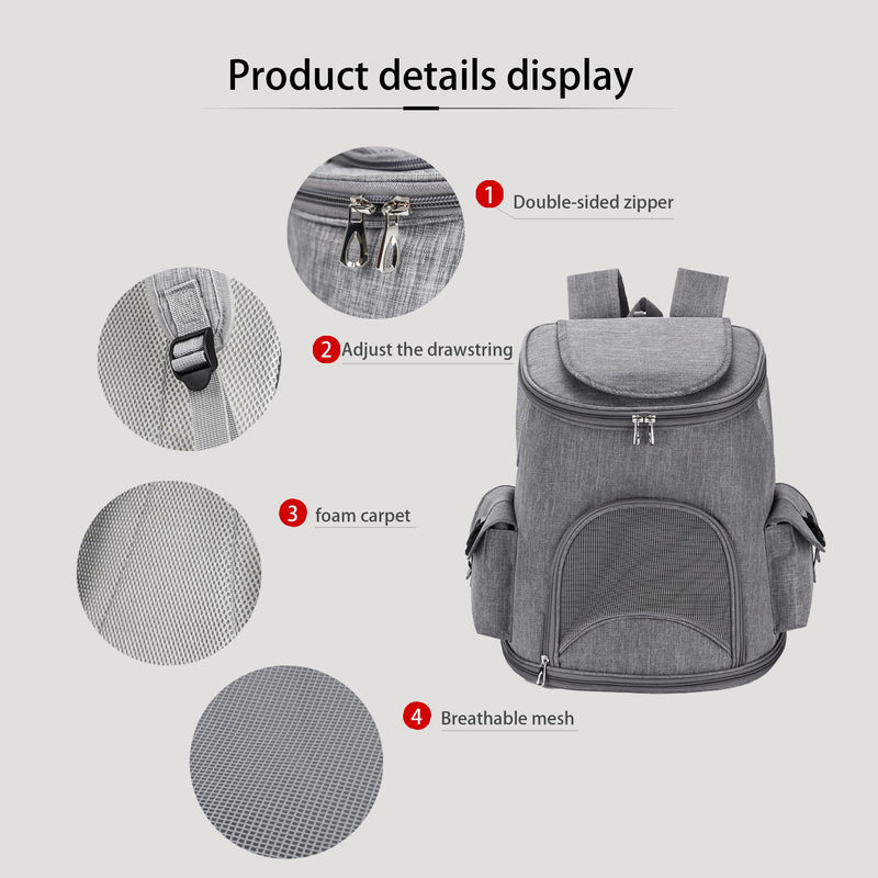 Foldable Cat Backpack Carrier - Dual-Sided Zipper & Magnetic Buckle, Breathable Mesh Pet Carrier with Adjustable Drawstring, Airline Approved Travel Backpack (Grey) - PawsPlanet Australia
