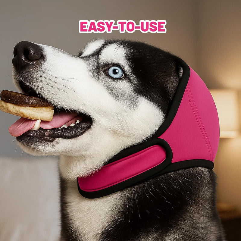 Dog Ear Protectors, Adjustable Dog Ear Defenders for Noise Protection - Soft, Secure Head Wrap with Magic Tape for Anxious Pets During Bathing, Grooming, Thunder & Fireworks（Rose Red, L）