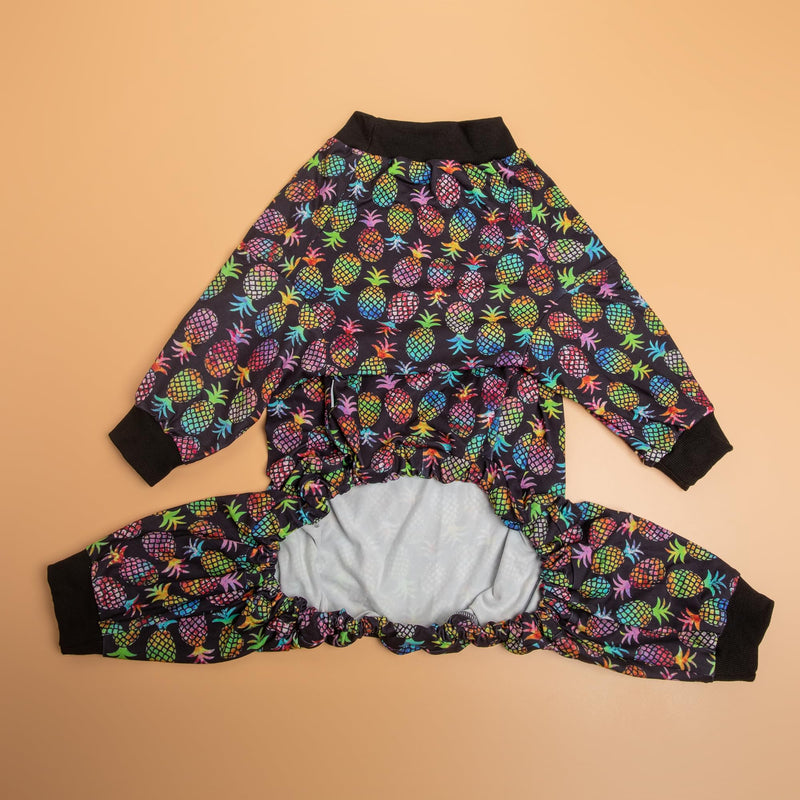 LovinPet Large Dog Clothes for Pitbulls Male, Dog Onesie with Uv Protection,Anxiety Calming Dog Shirt,Lightweight Fabric,Pinapple Paradise Black Print, Onesies for Dogs, Pajamas for Pitbulls, 2XL