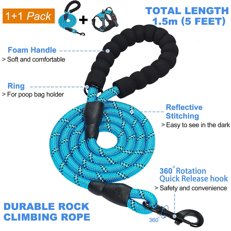 haapaw No Pull Dog Harness Adjustable Reflective Oxford Easy Control Medium Large Dog Harness with a Free Heavy Duty Dog Lead S Blue, harness+lead