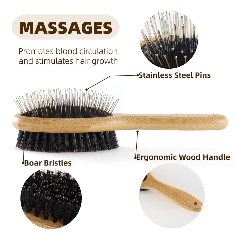 Double Sided Dog Brush Pin and Boar Bristle Pet Grooming Comb for Long or Short Haired Dogs and Cats Removing Shedding Tangles and Dead Undercoat Dog brush-01 - PawsPlanet Australia