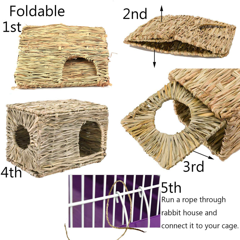 Hamiledyi Bunny Grass House with 2 Grass Mat and Play Balls Foldable Toy Hut for Rabbit, Squirrels, Guinea Pigs Play and Sleep Edible Grass Hideaway