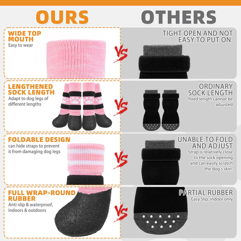 KOOLTAIL Anti Slip Dog Socks to Prevent Licking Paws for Hot/Clod Pavement,Waterproof Long Snow Dog Boots&Paw Protectors with Straps Traction Control for Hardwood Floor for Small Medium Large DogsS Pink with Paw Pattern