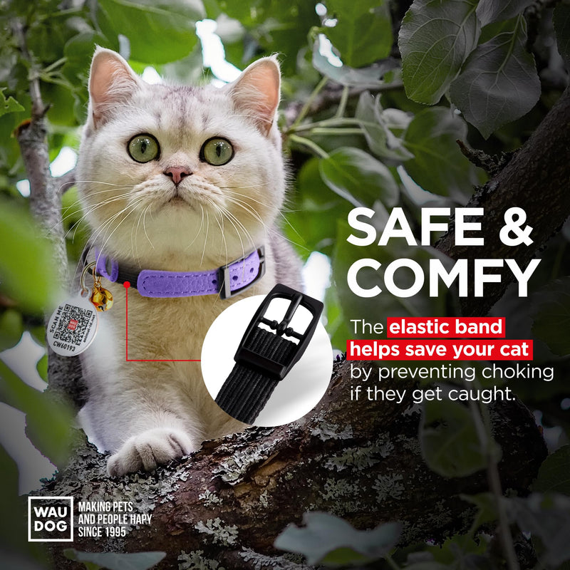 Leather Cat Collar with Bell and Safety Elastic Strap Breakaway Alternative for Small & Large Kittens, Stylish Pet Leather Collar for Boy, Girl Cats with Metal Buckle & QR ID Tag (Purple) 6" - 8" Purple - PawsPlanet Australia