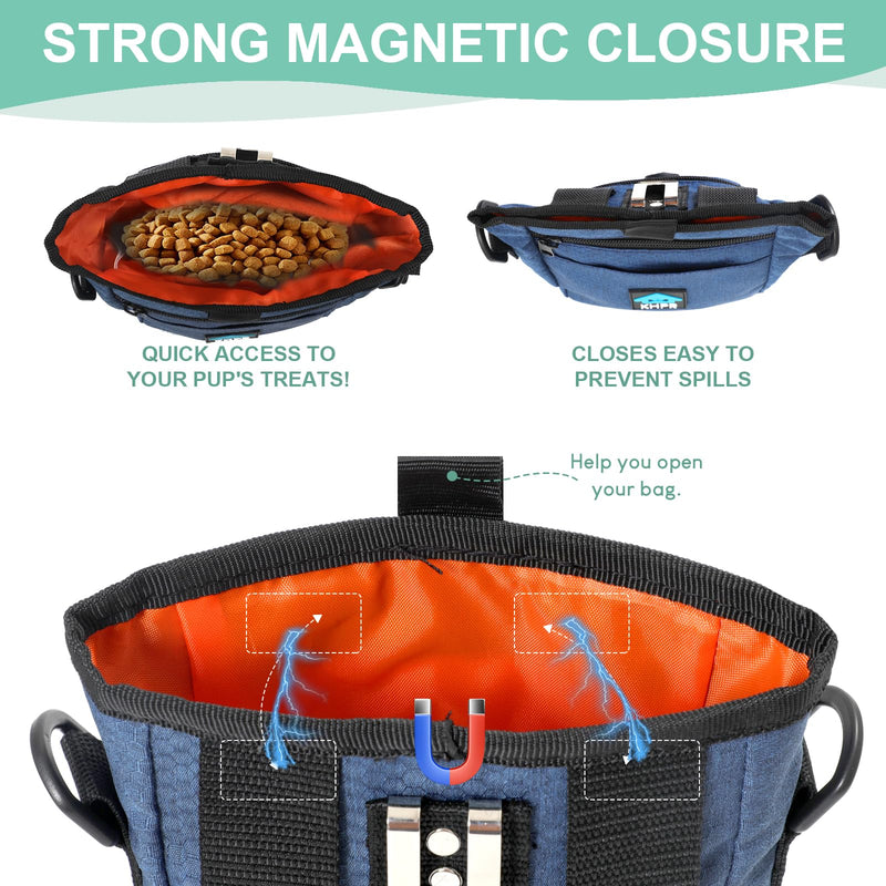 Dog Treat Pouch Magnetic Closure with Training Clicker，Hands-Free Design to Prevent Spills，Built in Poop Bag Dispenser，3 Ways To Wear，Metal Clip Waist Belt and Fanny Pack for Pet Walking（Blue） Blue - PawsPlanet Australia