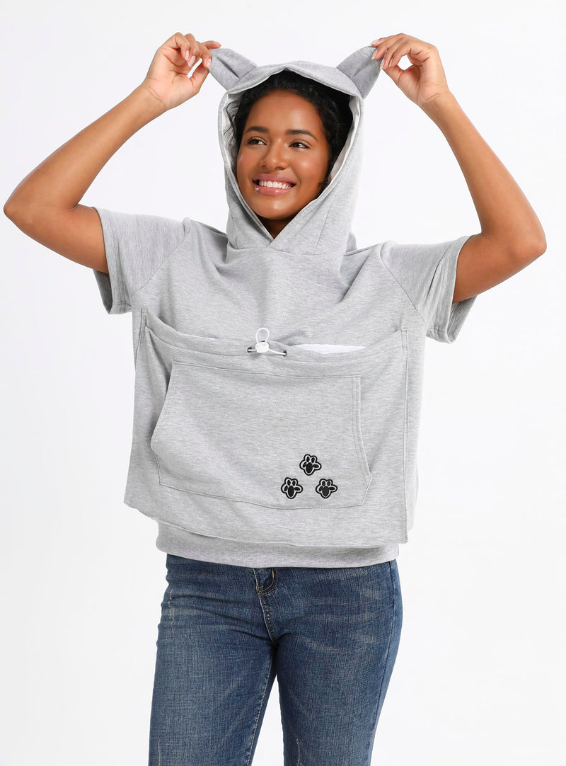 Cat Pouch Shirt Short Sleeve Kitten Puppy Holder Thin Hoodies Pet Carrier Sweatshirt for Women Light grey Medium - PawsPlanet Australia