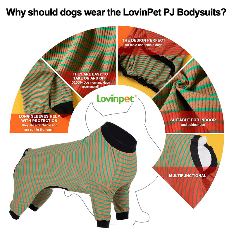 LovinPet Big Dog Pajamas, Cotton Brown and Green Stripe Dog Shirt, Stop Shedding for Dogs, Pet Pajamas for Dogs, UV Protection, Pitbull Clothes, Pet PJ's, M Medium Green Brown - PawsPlanet Australia