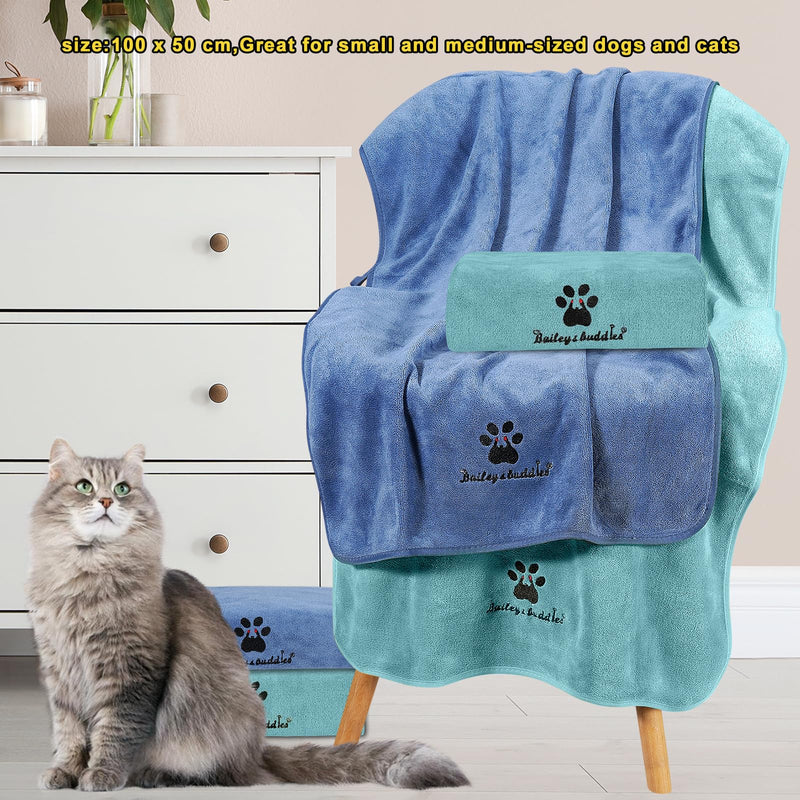 Bailey & buddies Dog Towels – Super Absorbent Microfibre Pet Towel Set (2 Pack, Green & Blue) | Quick Dry, Soft & Durable, 100×50cm for Dogs, Cats & Other Pets