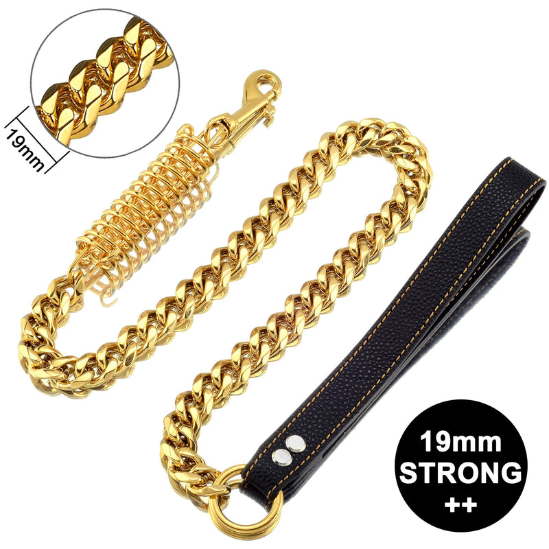 Pradog Dog Chain Leash Dog Heavy Duty Strong Chew Proof 19mm 2ft 3ft 4ft 18K Gold Chrome Stainless Steel Cuban Link Chain Labor-Saving Spring with Leather Handle for Medium Large Dogs(3FT) 3.0 FT ( For S, M, L Dog) - PawsPlanet Australia