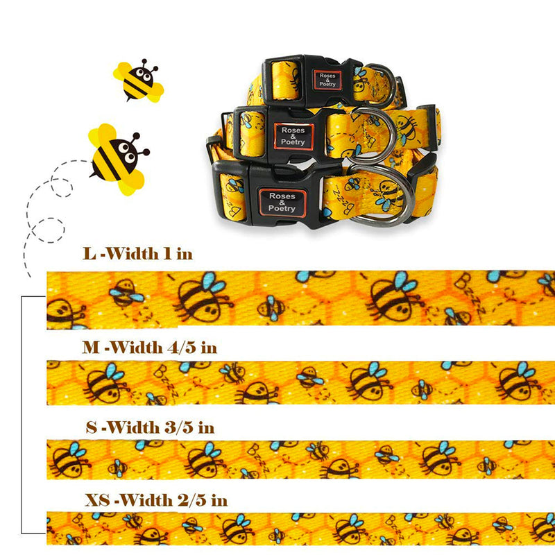 Roses&Poetry Dog Collar with Colourful Bee Patterns, Adjustable Durable Puppy Collars for Small Medium Large Dogs (Bee-XS) XS Golden