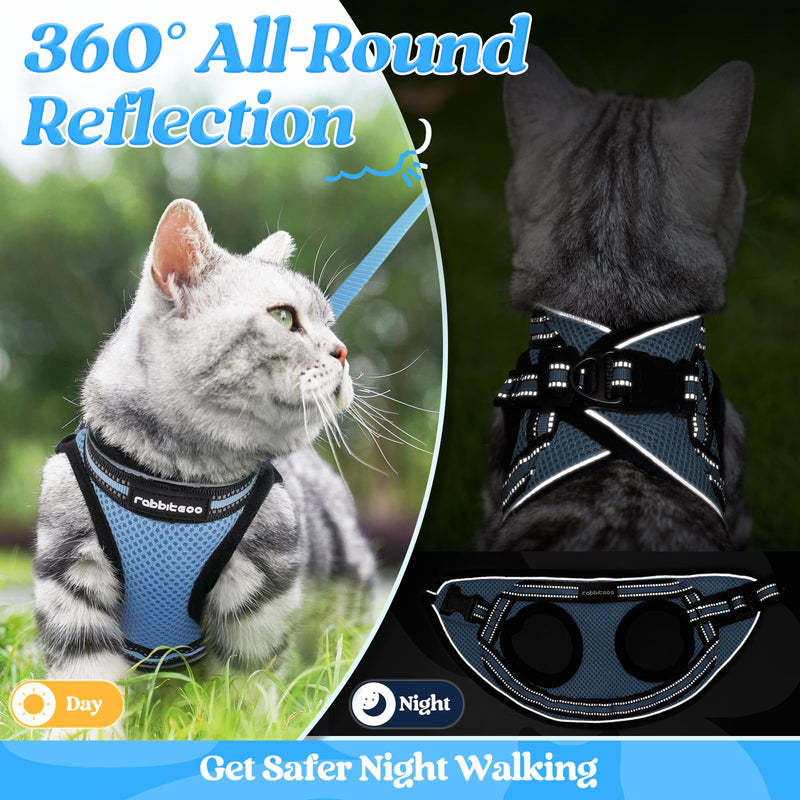 rabbitgoo Cat Harness and Leash Set for Walking Escape Proof, Adjustable Soft Kittens Vest with Reflective Strip for Cats, Comfortable Outdoor Vest, Light Blue, S Small - PawsPlanet Australia