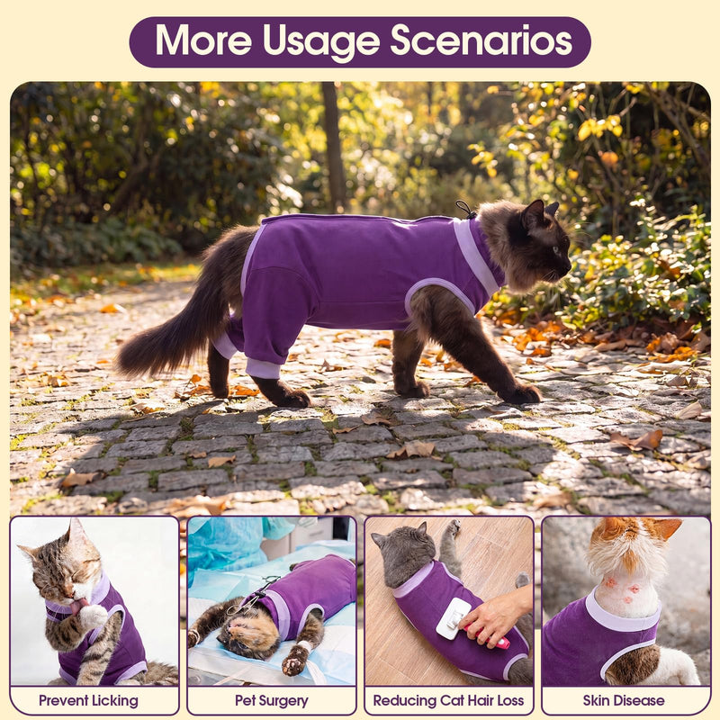 Cat Surgical Recovery Suit, Full Hind Leg Coverage Cat Post Surgery Suit, Cone Alternative, Drawstring Neck Anti Escape, Stop Licking and Scratching, Allergy Recovery Suit for Large Cats Purple