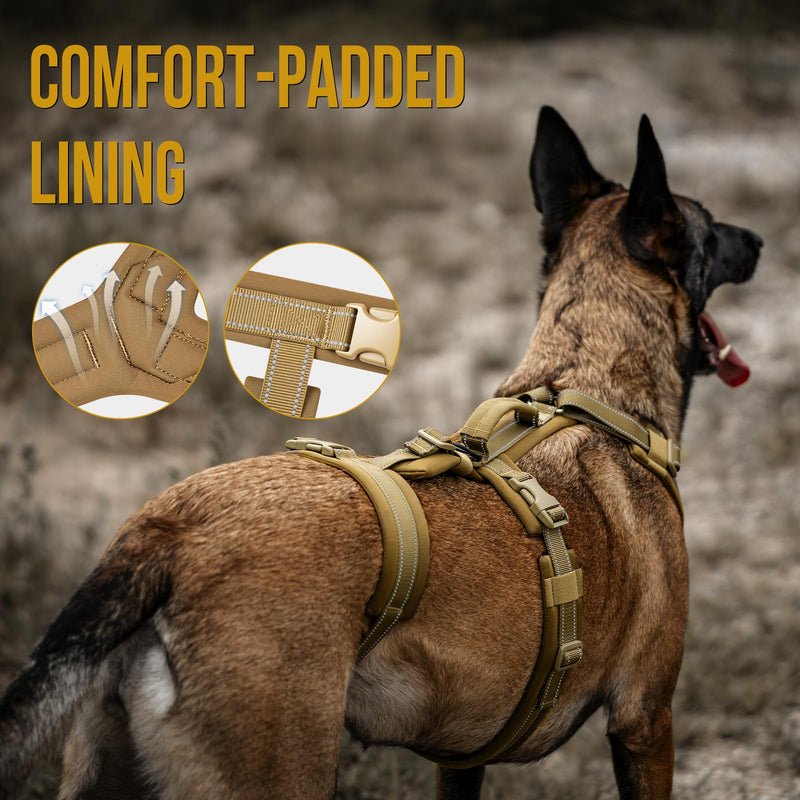 OneTigris Dog Harness No Pull, Adjustable Tactical Harness with Soft Padding, Y-Shaped Reflective Easy Walk Dog Harness for Medium and Large Dogs Brown X-Large - PawsPlanet Australia