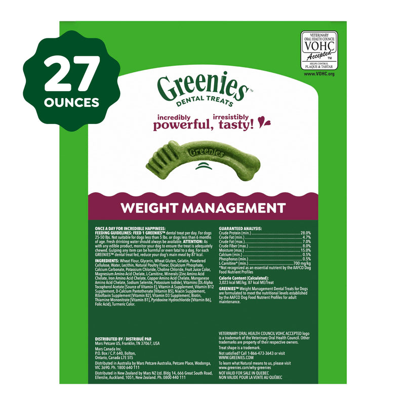Greenies Veterinarian-Recommended Adult Natural Dental Dog Treats Regular Size, Weight Management Dog Dental Chews, 27 oz. Pack, 27 Count 27 Count (Pack of 1)