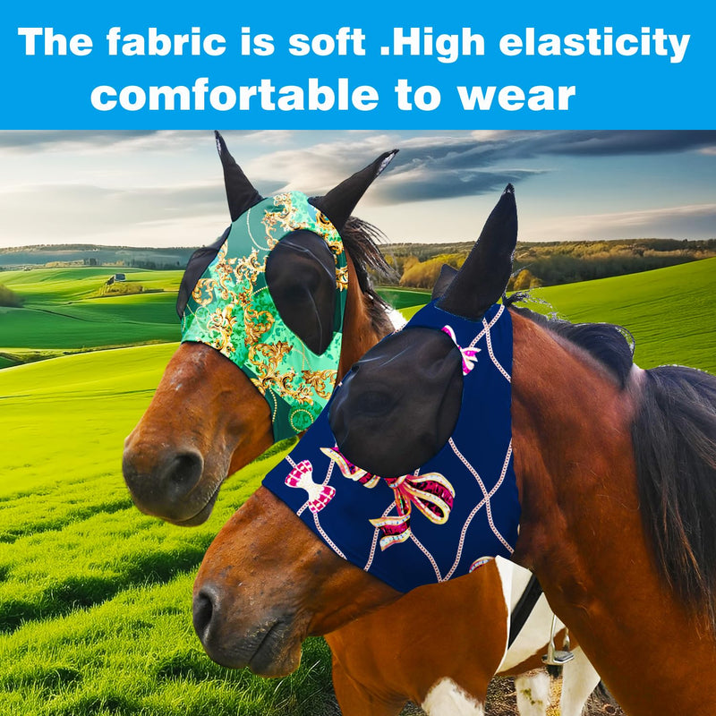 Super Comfort Fly Marsks for Horses of 2pcs Set-Horse FlyMask with Ears- Elasticity Fly Mask with UV Protection（Size：L 2 pcs