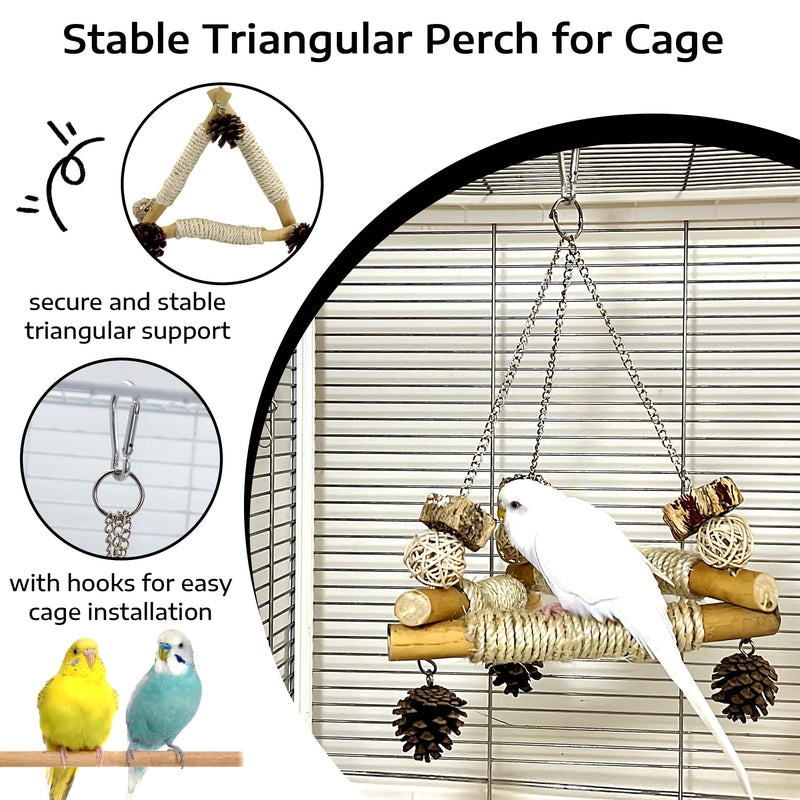 Bird Swing for Cage with Chew Toys, 3 Sisal-Wrapped Parrot Perches & Stable Triangle Design, Wooden Hanging Parakeet Toys Swing for Cockatiel Lovebirds Conures Quaker Balance Training - PawsPlanet Australia