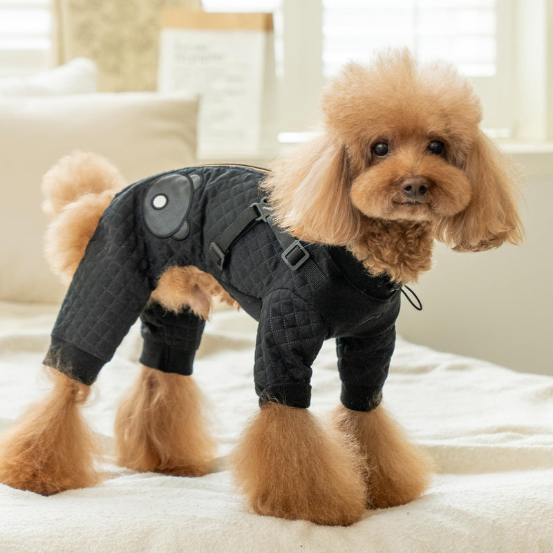 Puppia Quilo Warm Cute Winter Jumpsuit with Integrated Harness for Small and Medium Dogs, Black, Medium - PawsPlanet Australia