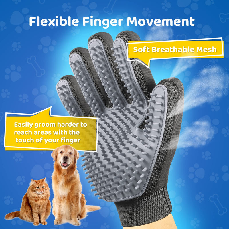 Upgrade Version Pet Grooming Glove - Gentle Deshedding Brush Glove - Efficient Pet Hair Remover Mitt - Enhanced Five Finger Design - Perfect for Dog & Cat with Long & Short Fur - 1 Pair (Gray) Gray-1 Pair