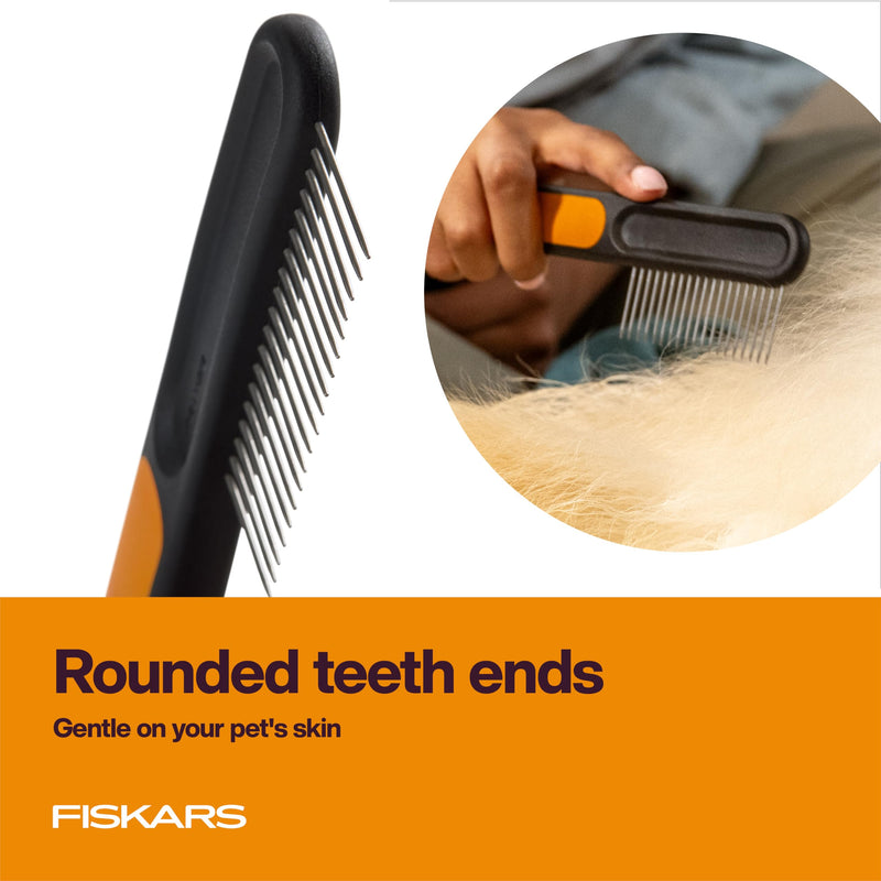 Fiskars Pet Wide Tooth Comb, Cat & Dog Comb, Wide-Spaced Rounded Teeth & SoftGrip™ Handle for Gentle Detangling, Cat and Dog Supplies, 7”, Orange/Black