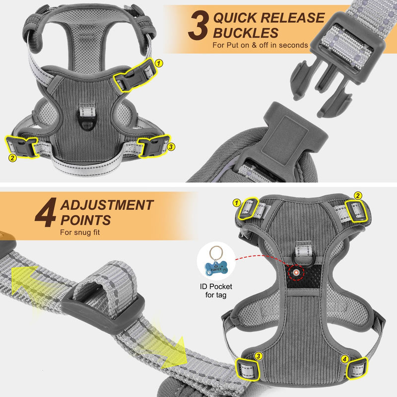 BEAUTYZOO No Pull Dog Harness Large, Adjustable Dog Harness and Leash Set -Easy Wearing with 3 Buckles/Control Handle,No Choke Soft Padded Reflective Pet Vest for Training Walking Hiking,Grey L L: chest 22"-33" Solid Grey - PawsPlanet Australia