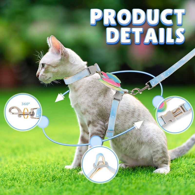 Cat Harness and Leash Set Cats Escape Proof Adjustable Kitten Harness Comfortable Soft Kitten Leash for Large Cats Easy to Wear Outdoor Walking Travel Colorful Bow Wing Gradient Blue (M) M - PawsPlanet Australia