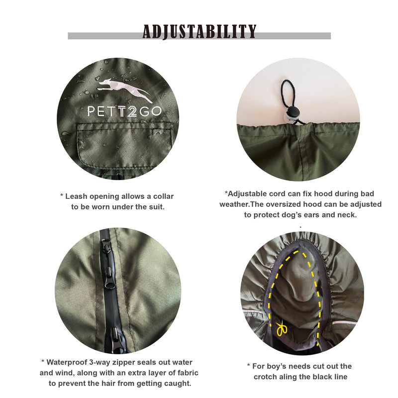 Dog Lightweight Windbreaker, Dog Outdoor 4-Legs Jacket, 0.5 lbs,Durable Water Repellent, Hooded, Easy on/Off with Collar and Harness, Reflective, Packable,Dark Olive (Large) Large - PawsPlanet Australia